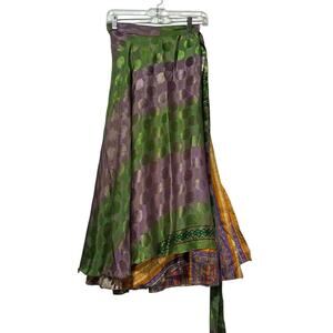 Darn Good Yarn Reversible Sari Silk Wrap Skirt Boho Festival Maxi One Size Green